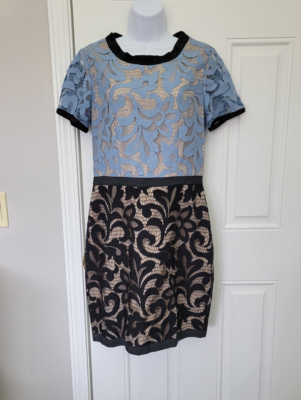 SEA New York Lace Overlay Light Blue Black Short Sleeve Dress Wedding Guest 6